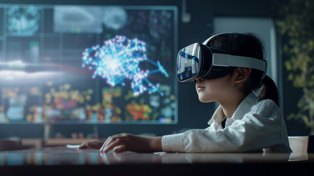 A school student using a VR headset, with AI-driven holographic displays projecting educational content in a futuristic classroom setting.