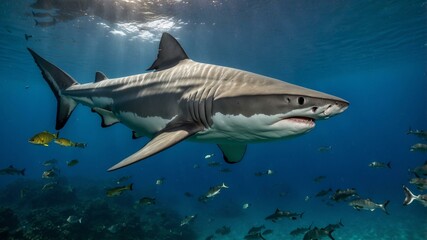 Obraz premium Great white shark swimming in clear ocean waters surrounded by fish, showcasing marine wildlife and underwater nature.