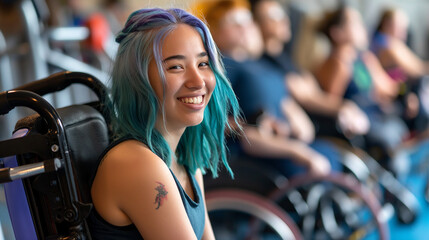 A happy disabled female college student with blue hair in a wheelchair, engaging in a fitness class with friends in an inclusive and accessible university gym.