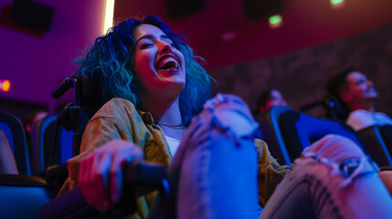 A joyful disabled female student with blue hair in a wheelchair, enjoying a movie night with friends in an LGBTQ+ friendly and accessible campus theater.