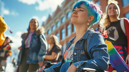 A disabled female student with blue hair in a wheelchair, attending a campus rally with friends in an inclusive and accessible LGBTQ+ friendly environment.