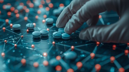 Gloved hand arranging pills on a digital network background with red nodes