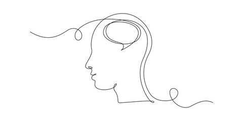 Continuous one line drawing of head with speech bubble. Concept of confused feelings worried about bad mental health. Editable stroke. Doodle vector illustration