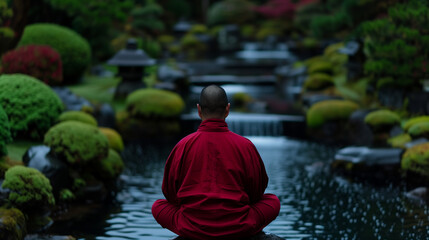 Serene japanese garden setting with a buddhist monk in red kesa meditating