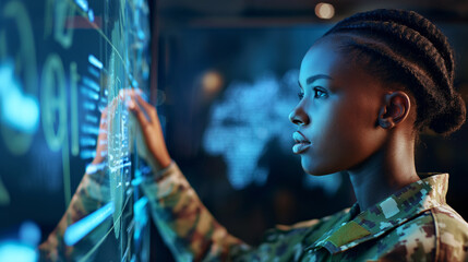 A black female military soldier in side profile, focused intently on a holographic AI interface, representing the fusion of human skill and artificial intelligence in military oper