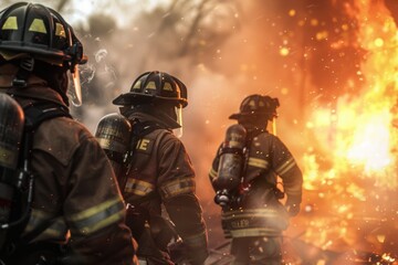Obraz premium firefighters battling aa blazing fire showcasing the risk and danger of inferno, with copy space