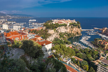 Elevated view of historic downtown of Monaco from its botanic garden