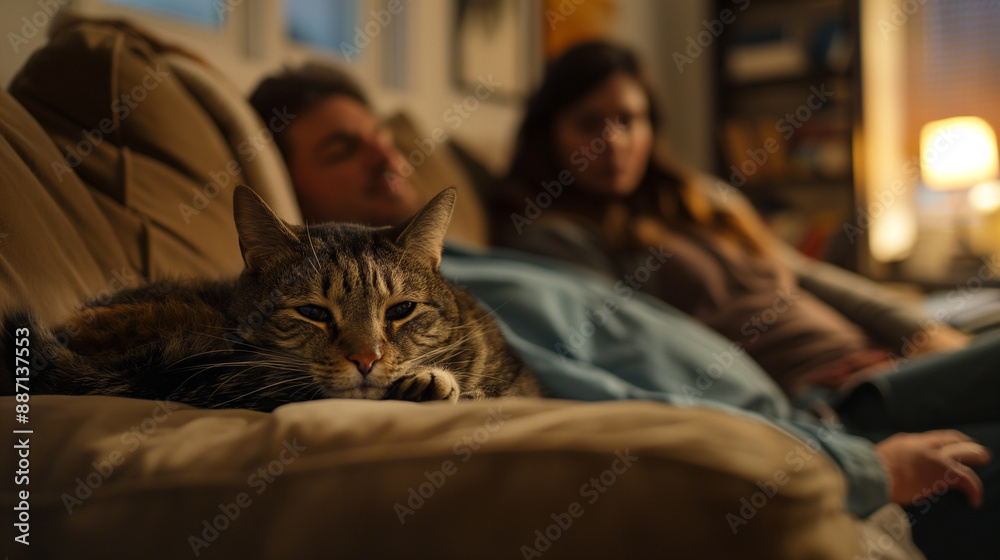 Wall mural a domestic cat rests peacefully on a man's lap, while he and his wife enjoy a quiet and loving momen