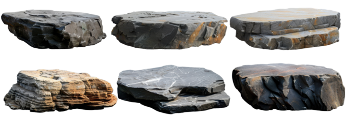 Collection set of long flat big hard rock boulder stone podium stage display on transparent background cutout, PNG file. Many different design. Mockup template artwork graphic