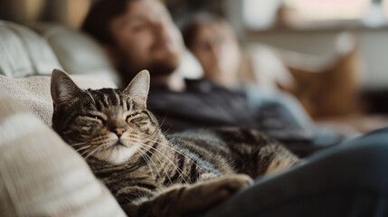 A purring cat lies comfortably on a man's lap as he and his wife unwind on a sofa, enjoying their tranquil home life.