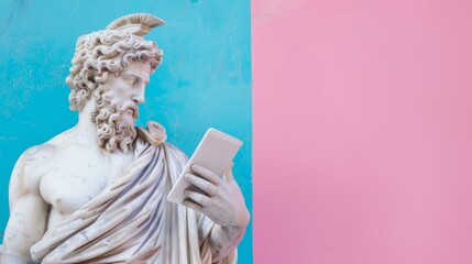 Naklejka premium Ancient marble statue using modern tablet smartphone against vibrant blue and pink backdrop, blending old and new tech.