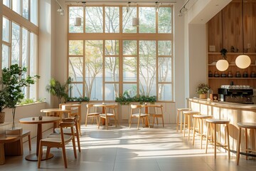 Interior design of cafe with wooden vintage style, decorated with warm and cozy tones, relaxing tones with classic old wood round corner counter and coffee machinery