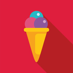 Colorful ice cream cone melting on red background, perfect for representing summer, treats, and dessert