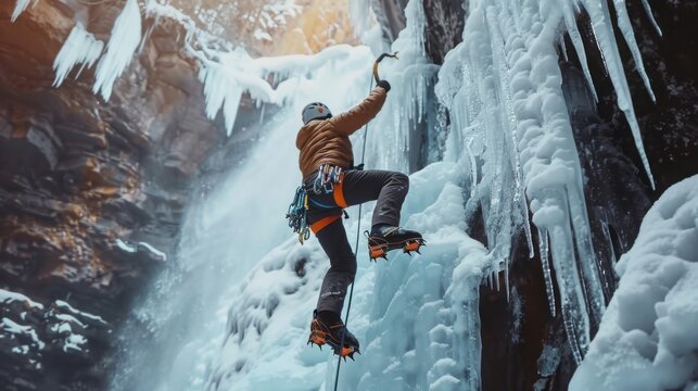 Ice climber scaling frozen waterfall with high risk of falling if the icewall break, with copy space