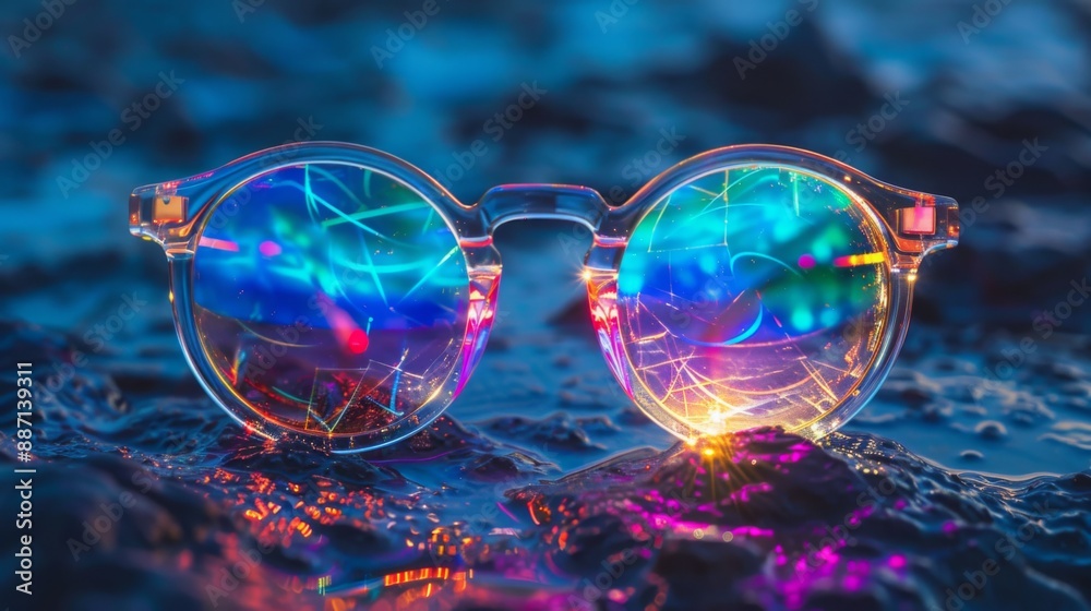 Aufkleber a pair of clear glasses sits on a dark, wet surface, reflecting a vibrant array of colorful lights.
