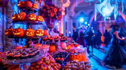 Fototapeta premium Festive Halloween Party With Glowing Jack-O'-Lanterns