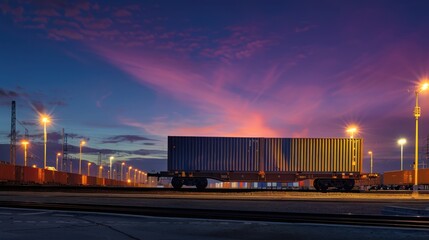 Fototapeta premium Intermodal container being transferred to trains a yard, with copy space, cargo,, shipping, truck, industry, transfer, business, handling, industrial, transport, trailer, 