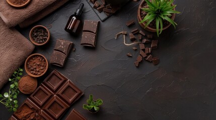 Flat lay of chocolate spa products on dark background with copy space towel and plants