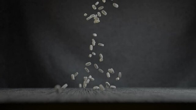 Captured motion Pills falling on a black background