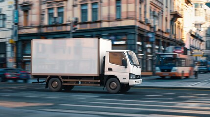 WHITE TRUCK WITH SPACE FOR ADVERTISING DRIVING ON THE STREET