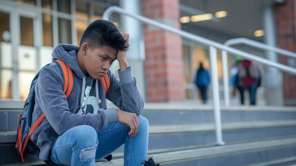 Contemplative Pacific Islander Teen Boy Sitting on School Steps on an Overcast Day
