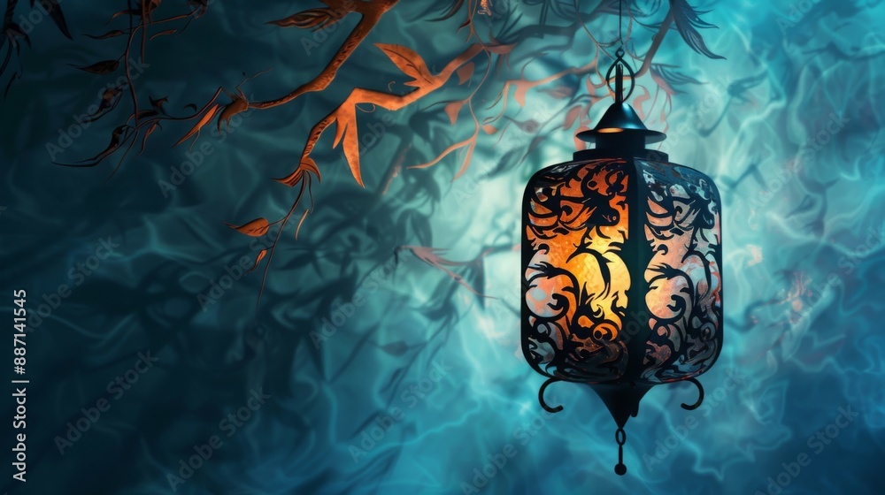Poster a glowing lantern hangs from a tree branch in a dark forest, casting a warm light against the blue a