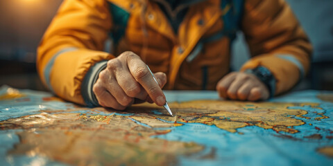 Close-up of a hand pointing at a map, emphasizing travel planning and navigation in a warm, indoor setting.