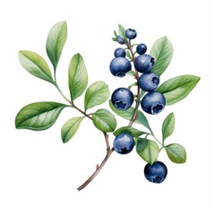 A watercolor painting of a blueberry branch with green leaves and ripe blueberries on a white background