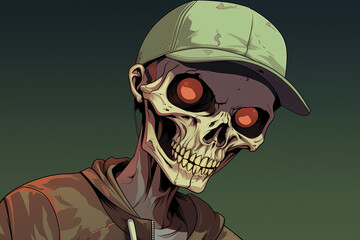 Sketched Skeleton with Glowing Eyes in Hoodie and Cap on Dark Background