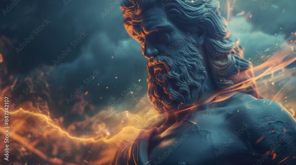 Wall mural a statue of a man with a beard and a beard is surrounded by fire, zeus