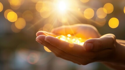 A hand holding a golden object with a bright sun shining on it
