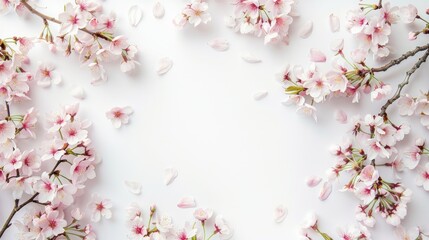 Fototapeta premium Cherry blossoms on white with space for text flat lay for postcard or banner top view