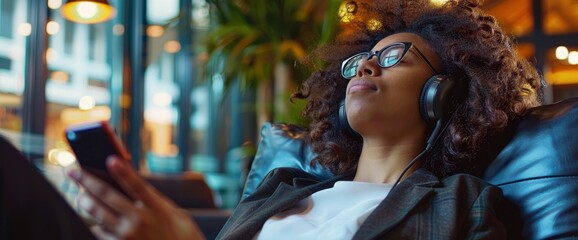 A Businesswoman Relaxing By Listening To Music Through Headphones On Her Mobile Phone, Feeling Calm And Entertained
