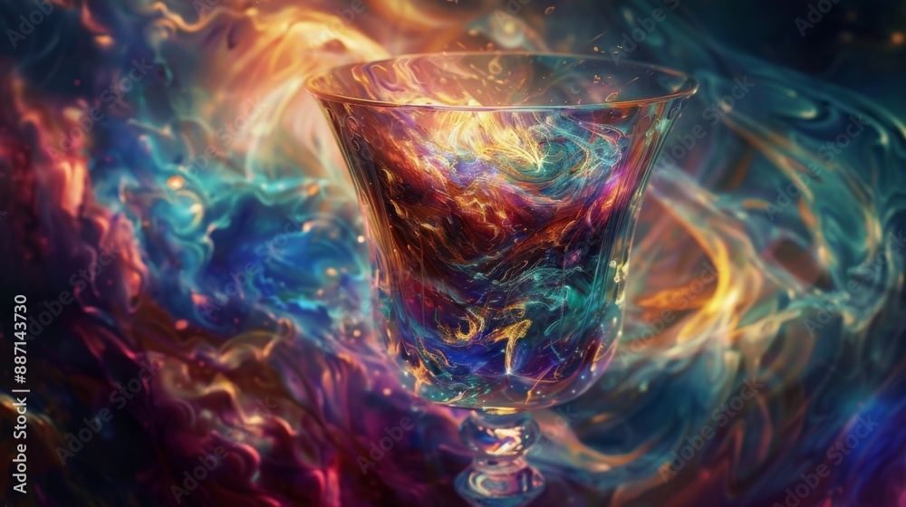 Poster a glass chalice sits within swirling, abstract patterns of color. the background is a blend of blue,