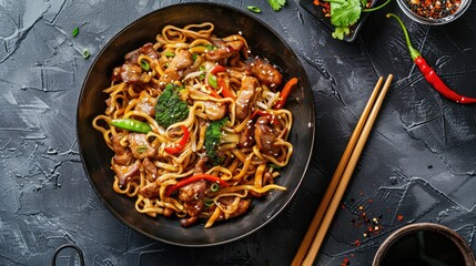 Close-up of mouth-watering stir-fry noodles with meat and veggies in a wok on grey textured table, top view. Authentic Asian food delight.