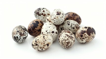 Fototapeta premium Close-up of quail eggs with speckled shells, isolated on white background