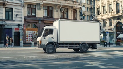 Obraz premium WHITE TRUCK WITH SPACE FOR ADVERTISING DRIVING ON THE STREET