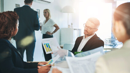 Meeting, advisor and business people with data analysis, paperwork or sales report with graphs. Man, women and discussion in office for strategy, planning and review of profit charts, stats or growth