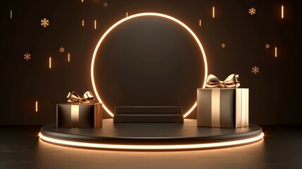 A black and gold display of presents and a round table with a bow on it