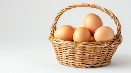 Fresh chicken eggs in a wicker bamboo basket, white background, perfect for food and nutrition advertising