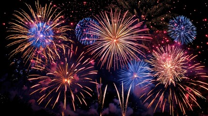 Naklejka premium Vibrant fireworks for New Year in the night sky