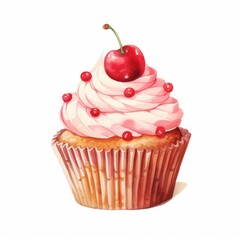 A watercolor illustration of a pink-frosted cupcake topped with a cherry, with red sprinkles around the frosting