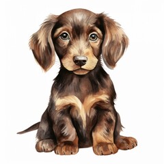 A brown dachshund puppy with big eyes sits against a white background