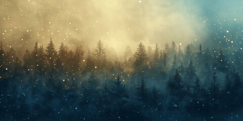 A captivating abstract image featuring a dark forest silhouette against a gradient background transitioning from golden yellow to dark blue, scattered with luminous glowing particles.