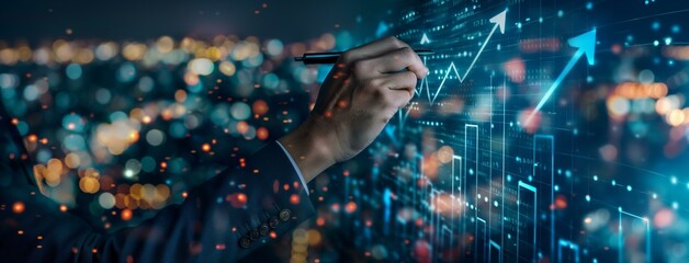 Fototapeta premium A businessman drawing upward arrows on a virtual screen, illustrating growth and progress in a vibrant, illuminated cityscape background.