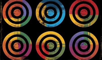 A digital artwork featuring a grid of six circular patterns with rainbow stripes and a grunge effect, set against a black background.