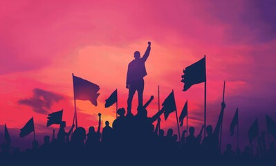 Naklejka premium A silhouette of a crowd with flags and a person raising their fist against a vibrant sunset sky.