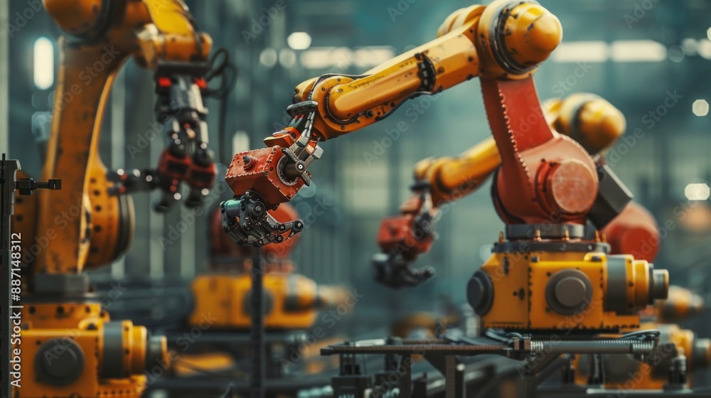 Poster Robotic arms move in a synchronized ballet, showcasing the power and precision of modern automation within a bustling factory setting