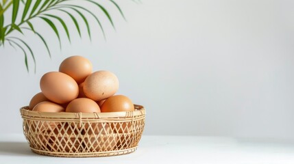 Stack of fresh chicken eggs in wicker bamboo basket, white background, ample copy space for food and nutrition advertising