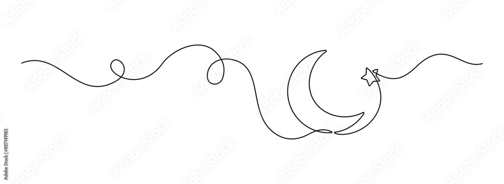 Wall mural one continuous line drawing of moon with star. ramadan kareem banner in simple linear style. sleep s